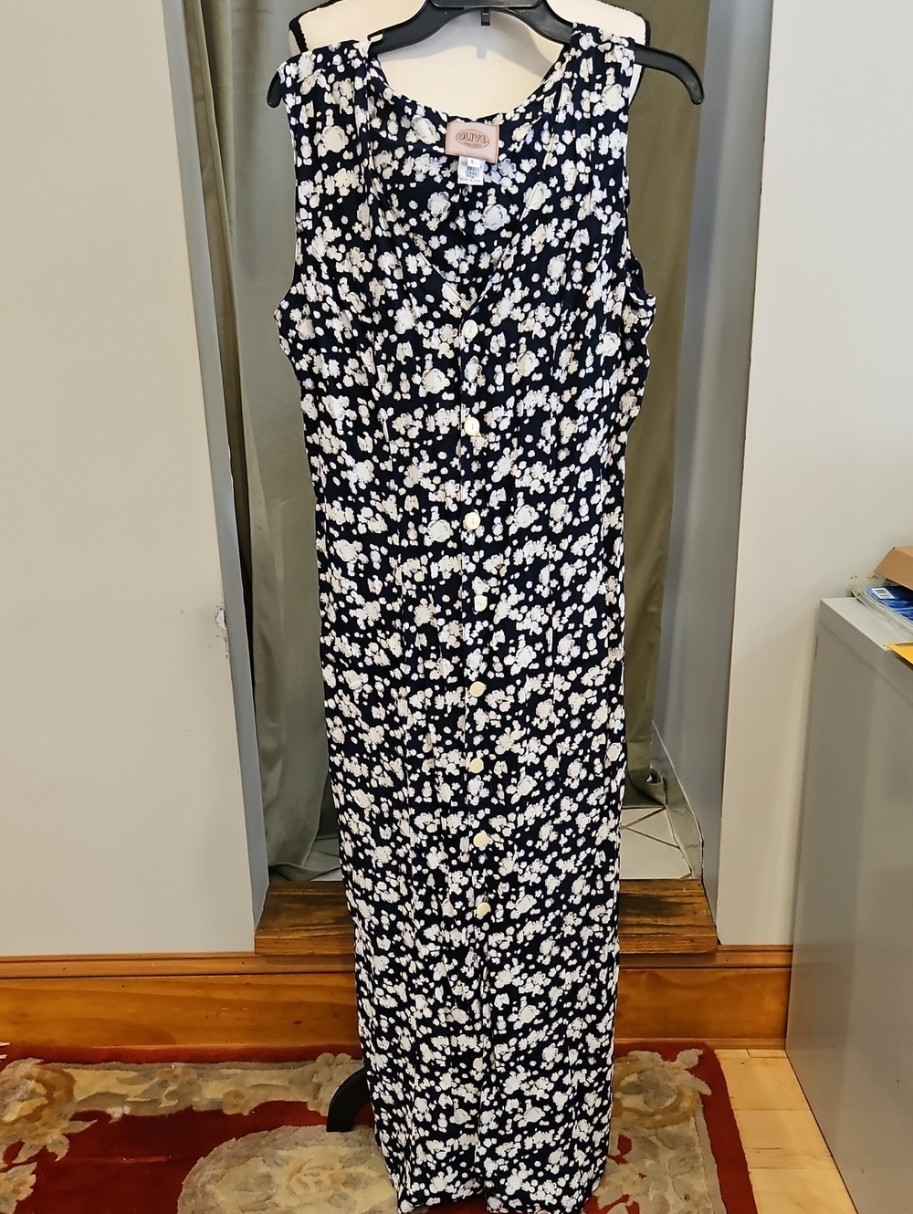 Vintage Olive Sleeveless Navy Floral Button-Front Maxi Dress